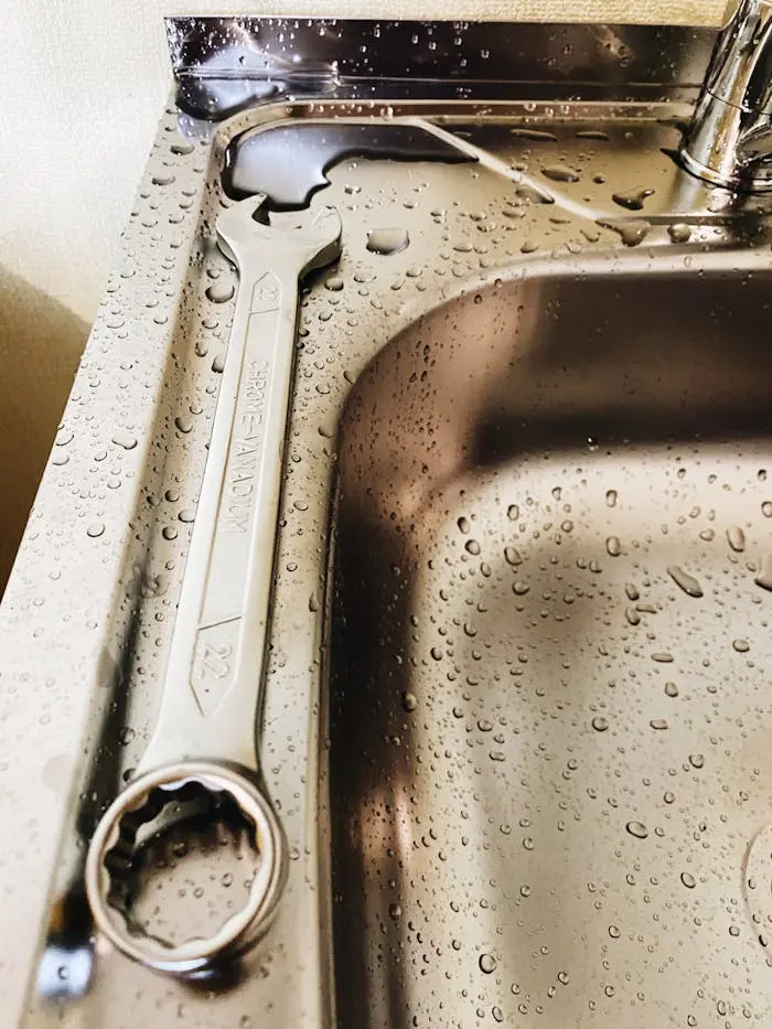 Close-up of a metal wrench on a stainless steel sink with water droplets.